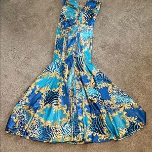 Caché Strapless Mermaid Dress Blue Rhinestone Brooch Sweetheart Size 10